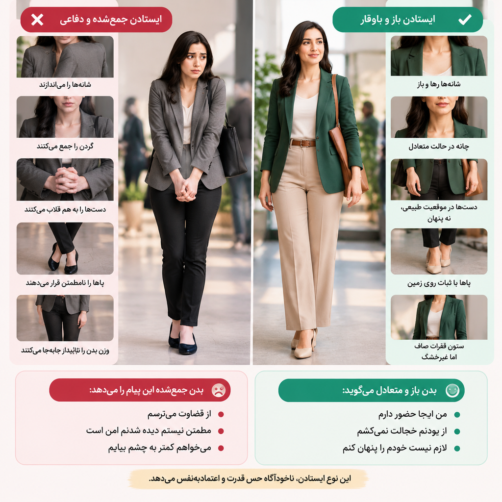 تصویر راهنمای ایستادن باز و باوقار، نه جمعشده و دفاعی