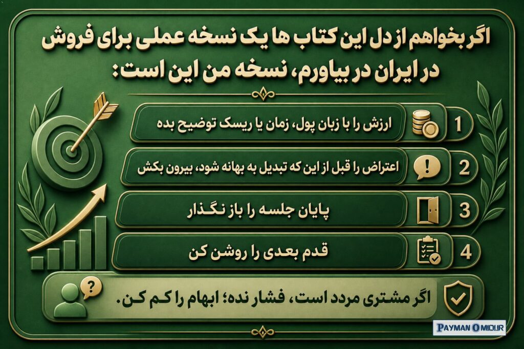 اگر بخواهم از دل این کتاب ها یک نسخه عملی برای فروش در ایران در بیاورم، نسخه من این است: قبل از جلسه آخر، تصمیم گیرها را…
