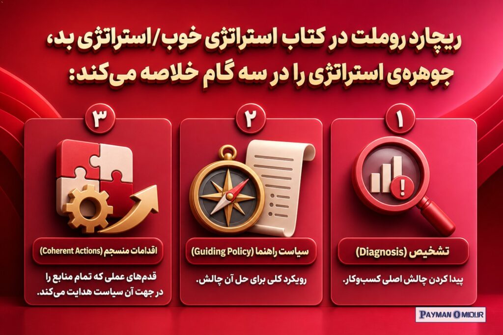 ریچارد روملت در کتاب استراتژی خوب/استراتژی بد، جوهره‌ی استراتژی را در سه گام خلاصه می‌کند: تشخیص (Diagnosis): پیدا کردن…