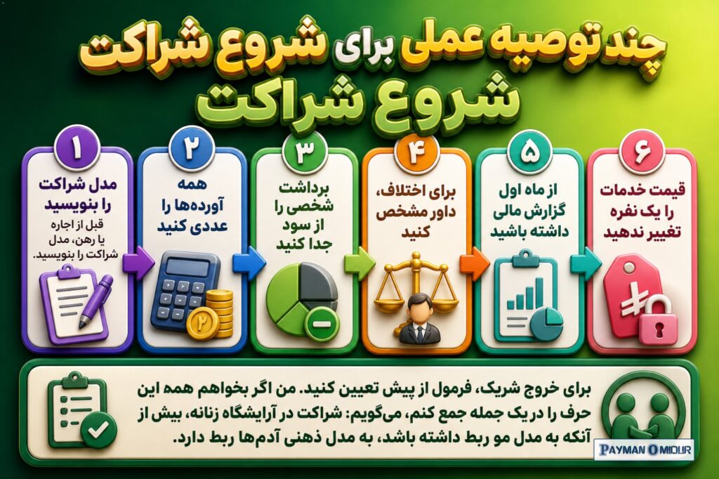 چند توصیه عملی برای شروع شراکت قبل از اجاره یا رهن، مدل شراکت را بنویسید. همه آورده‌ها را عددی کنید. برداشت شخصی را از س…