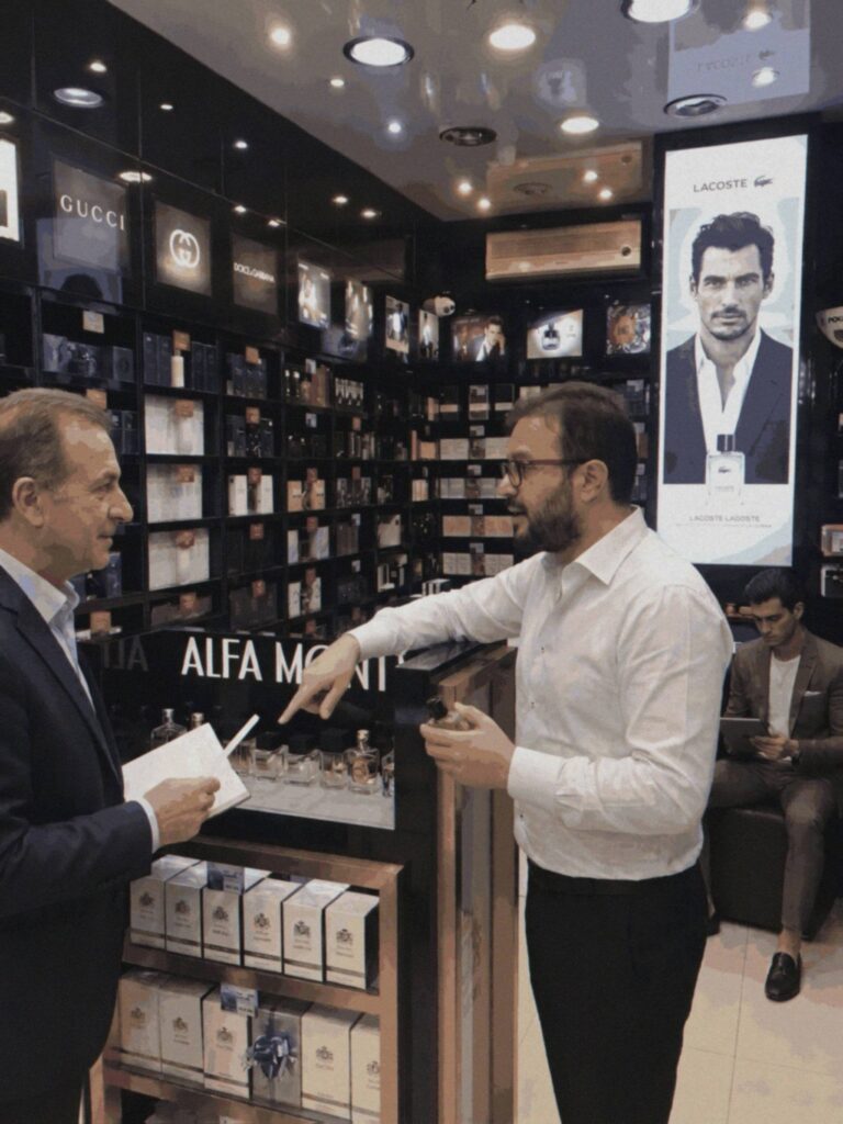 پیمان امیدی در حال مشاوره در یک عطر فروشی