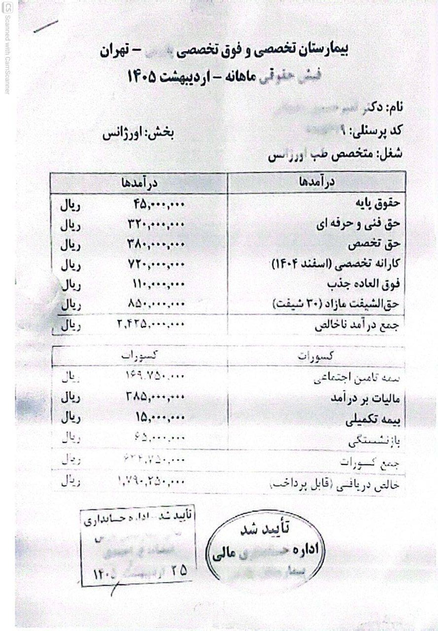 فیش حقوقی نمونه درآمد متخصص طب اورژانس