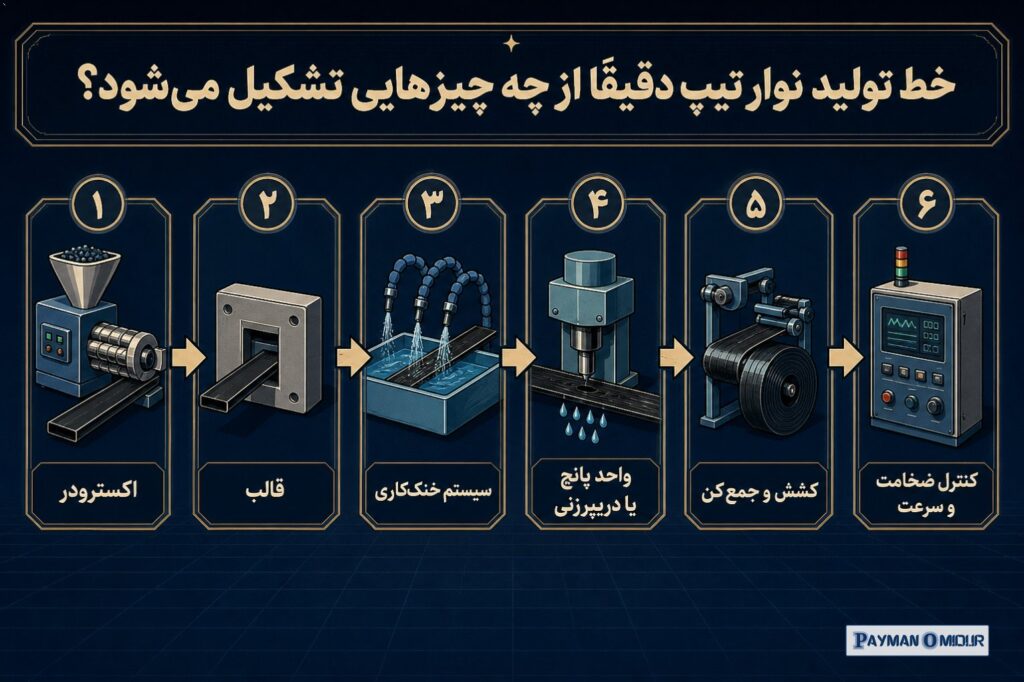 خط تولید نوار تیپ دقیقاً از چه چیزهایی تشکیل می‌شود؟ یک خط نوار تیپ فقط یک دستگاه نیست. معمولاً با مجموعه‌ای از بخش‌ها ط…