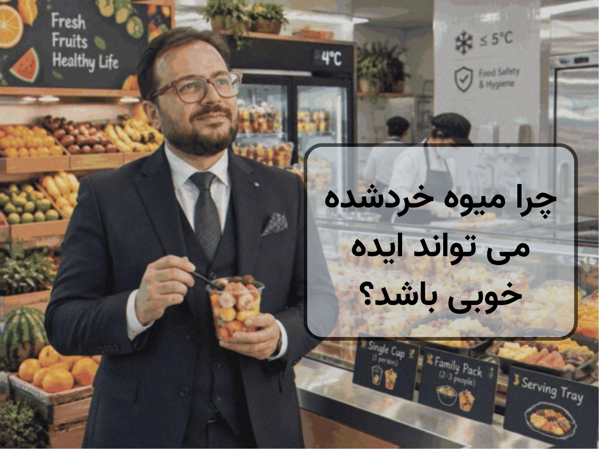 ـصویر من در یک میوه فروشی که میوه خرد شده ارائه می ده در سال 1403