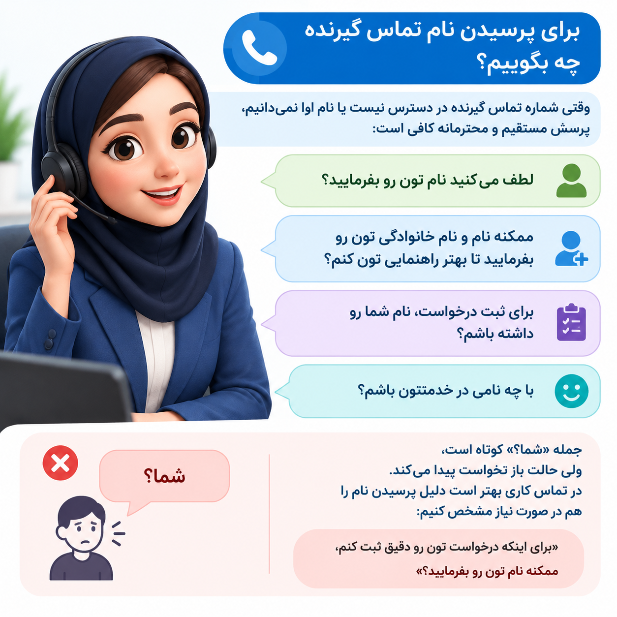 برای پرسیدن نام تماس گیرنده چه بگوییم؟